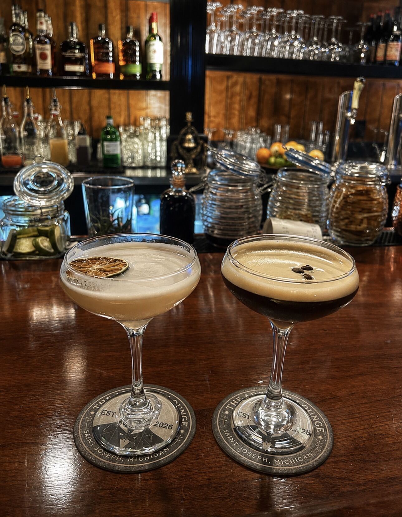 Two espresso martinis at the bar
